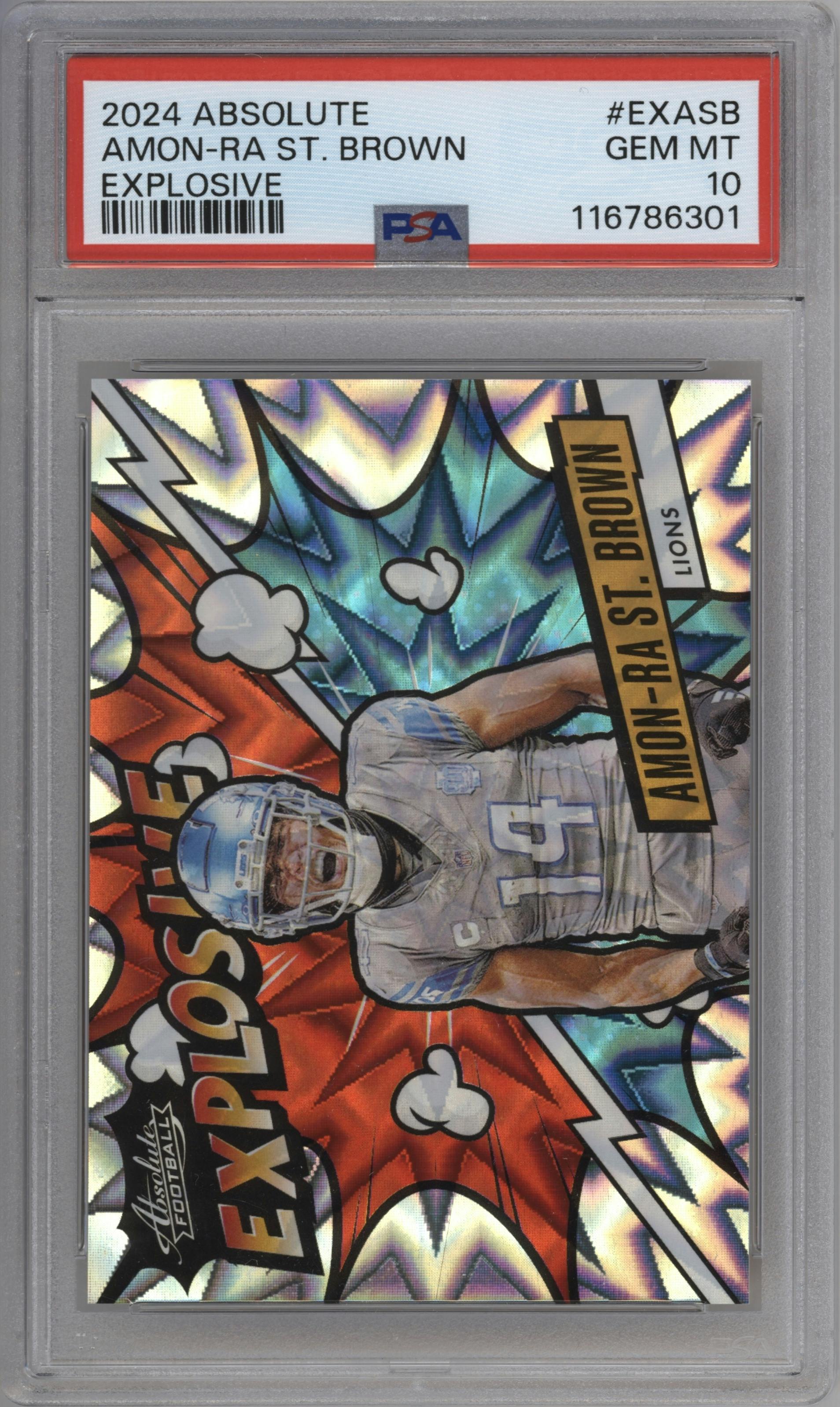 Amon-Ra St. Brown from the 2024 Panini Absolute set graded by PSA and given an overall grade of 10.