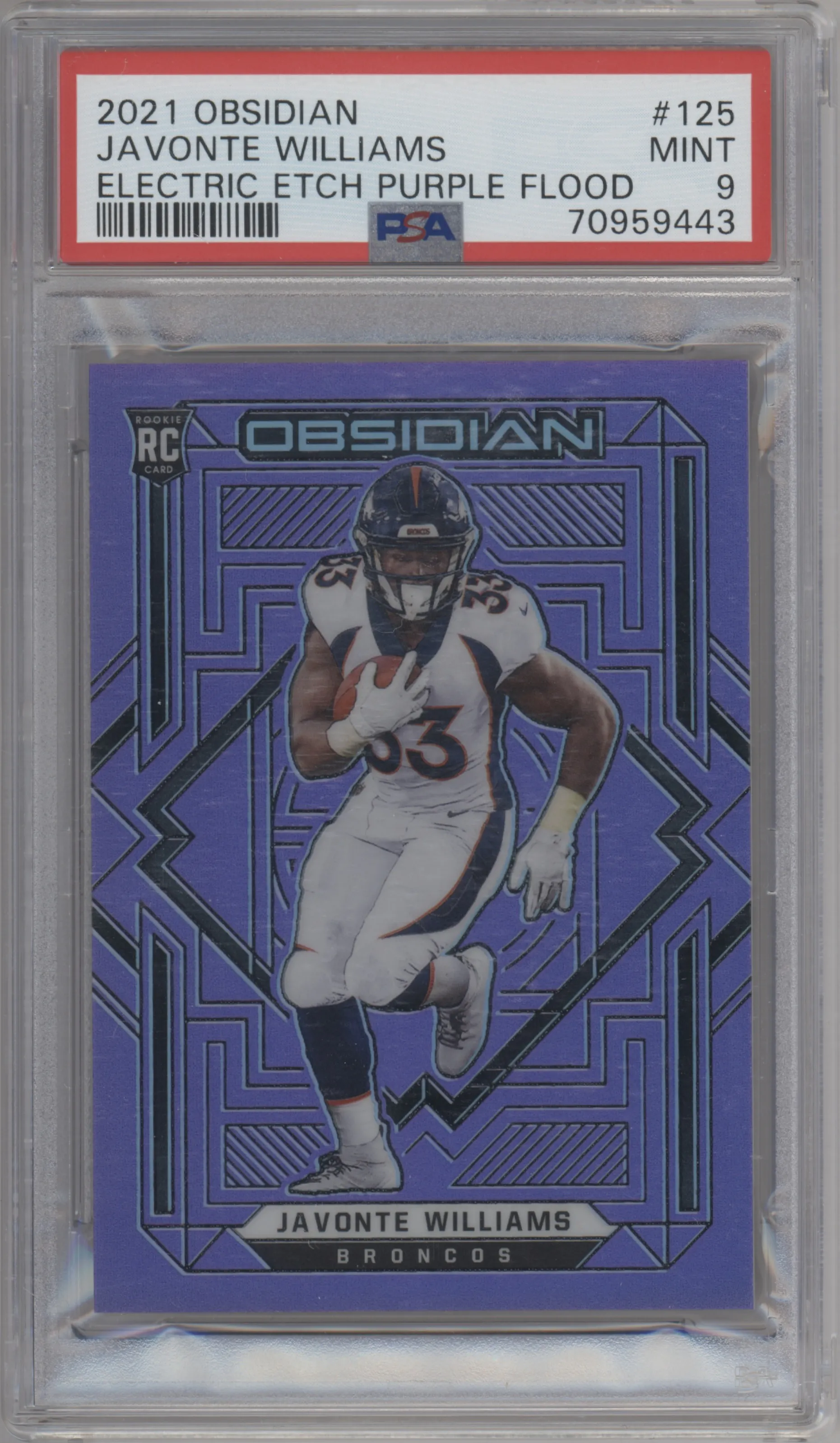 2021 Panini Obsidian Javonte Williams Electric Etch Purple Flood PSA 9