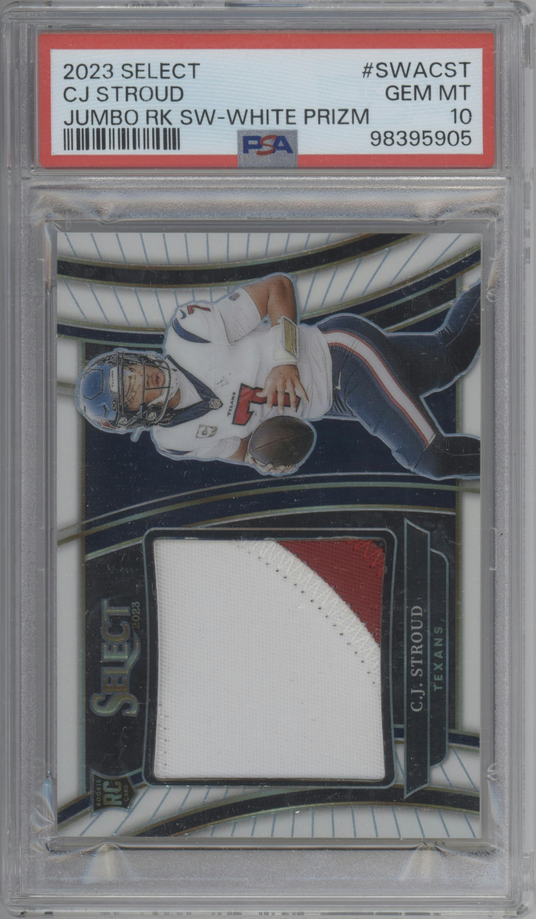C.J. Stroud  from the 2023 Panini Select set featuring a White Prizm parallel graded by PSA and given an overall grade of 10.