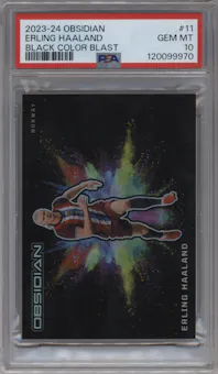 Erling Haaland from the 2023-24 Panini Obsidian set graded by PSA and given an overall grade of 10.