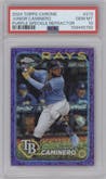 Junior Caminero from the 2024 Topps Chrome set featuring a Purple Speckle Refractor parallel graded by PSA and given an overall grade of 10.