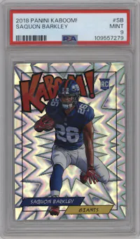 Saquon Barkley from the 2018 Panini Kaboom Rewards Multi-Sport set graded by PSA and given an overall grade of 9.