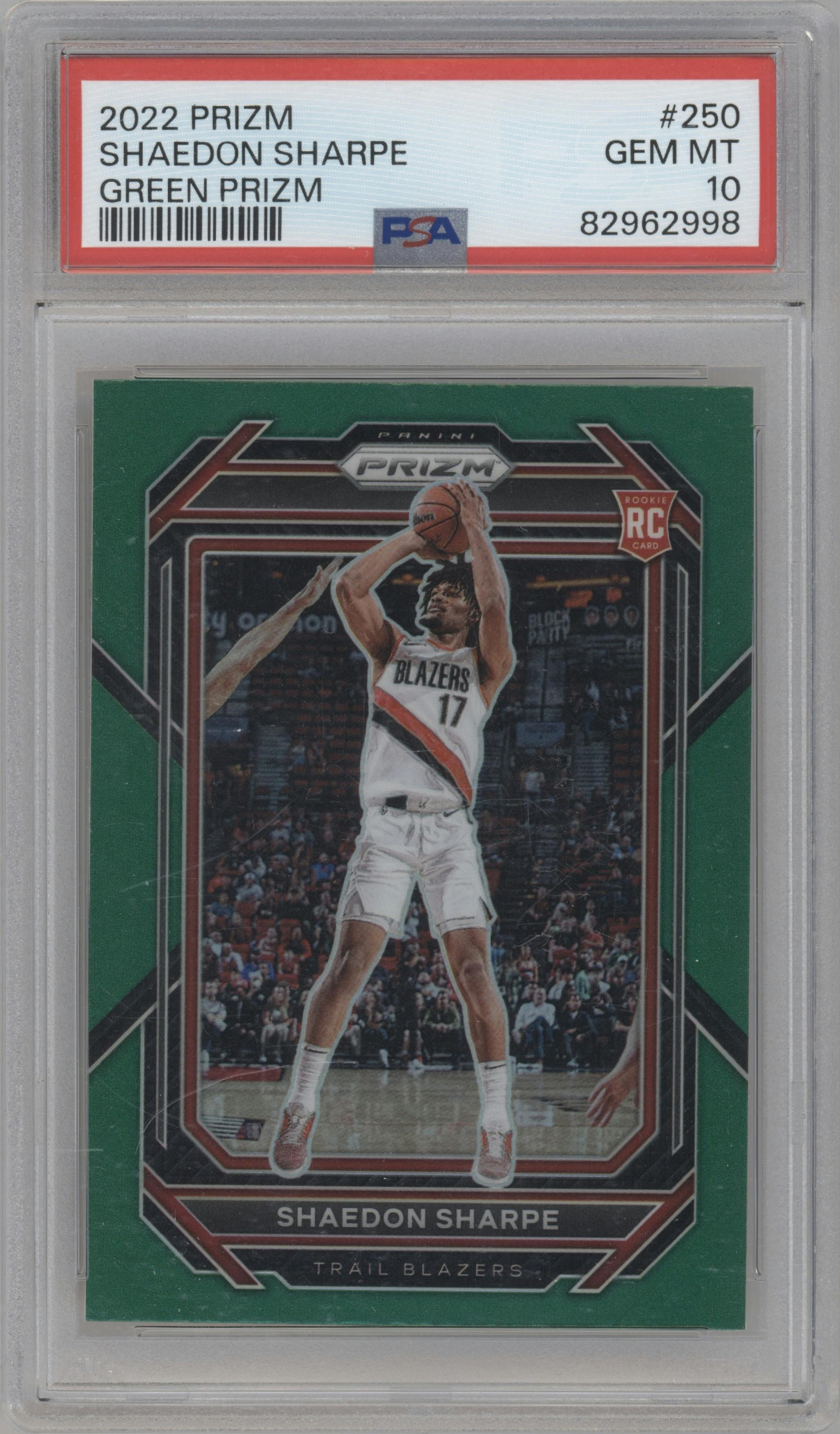 Shaedon Sharpe from the 2022-23 Panini Prizm  set featuring a Green Prizm parallel graded by PSA and given an overall grade of 10.