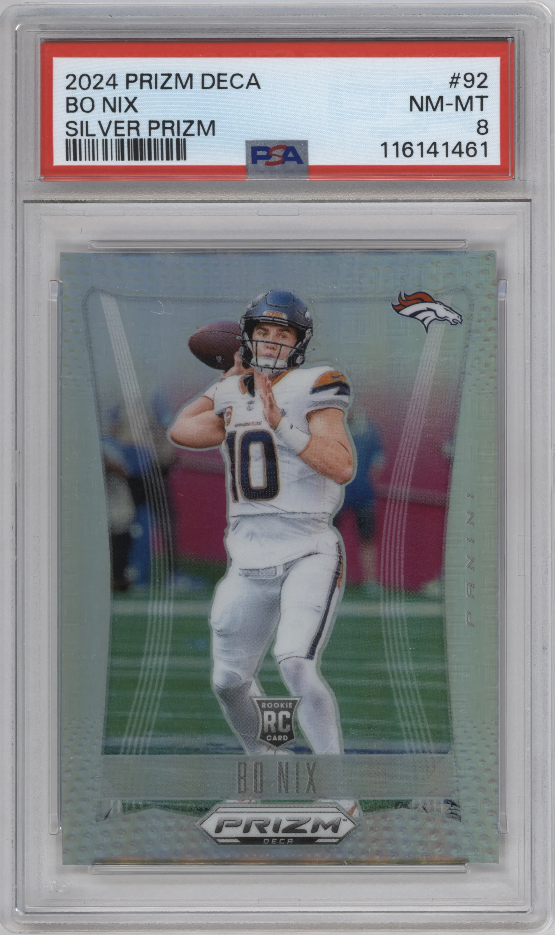 2024 Panini Prizm Deca Bo Nix Silver Prizm #92 PSA 8