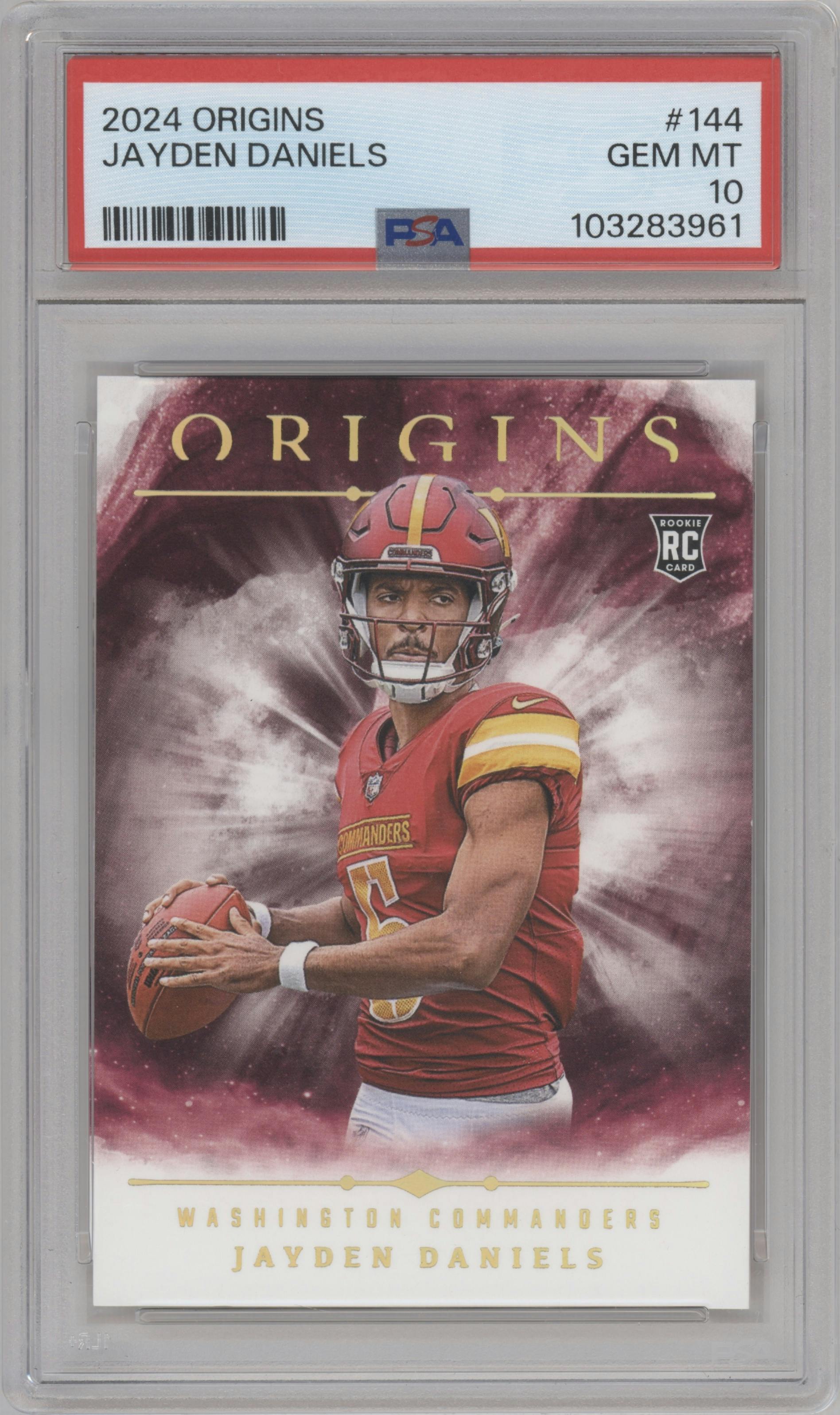 Jayden Daniels from the 2024 Panini Origins set graded by PSA and given an overall grade of 10.