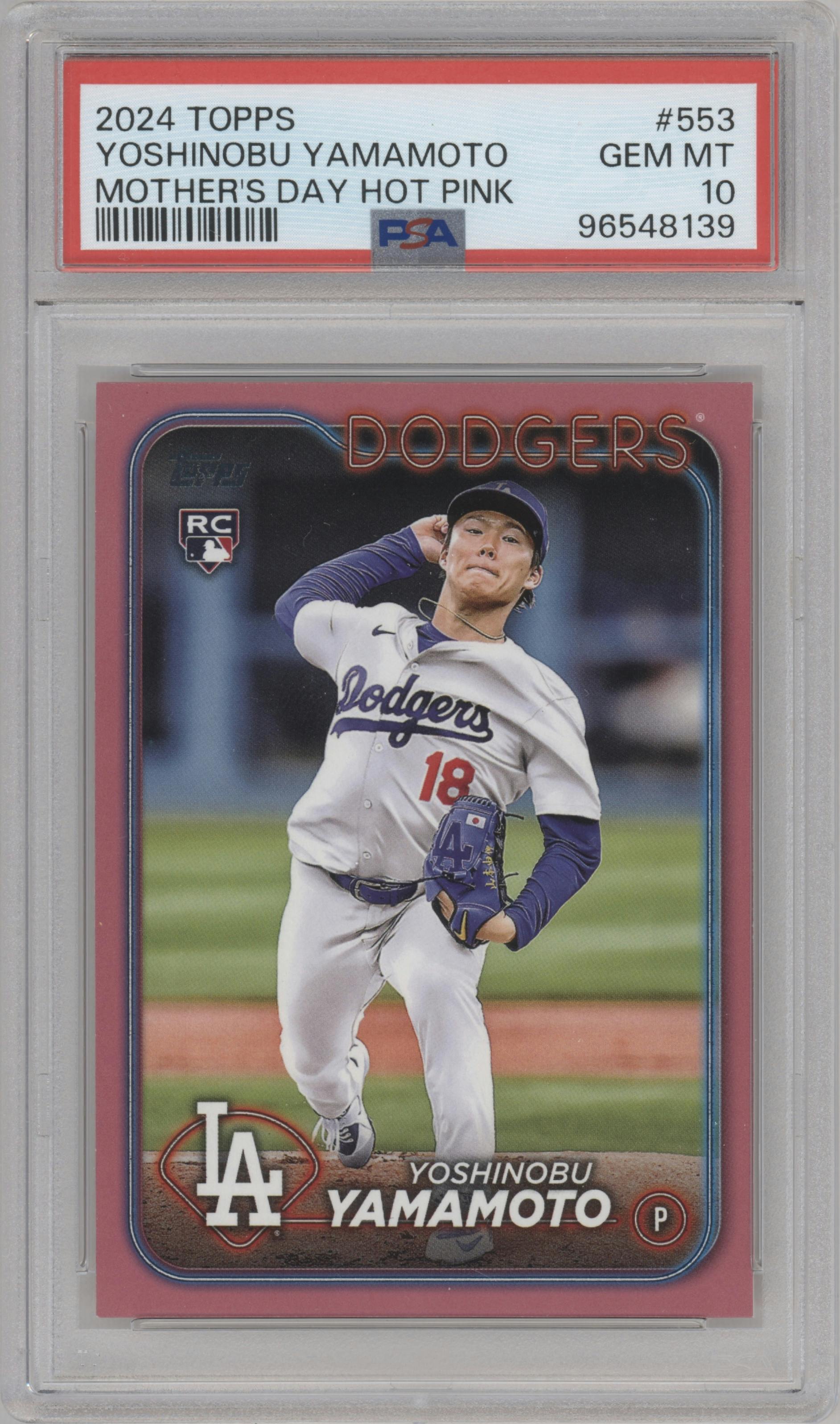 Yoshinobu Yamamoto from the 2024 Topps  set featuring a Mother's Day Hot Pink parallel graded by PSA and given an overall grade of 10.