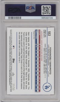 Yoshinobu Yamamoto from the 2024 Topps  set featuring a Mother's Day Hot Pink parallel graded by PSA and given an overall grade of 10.