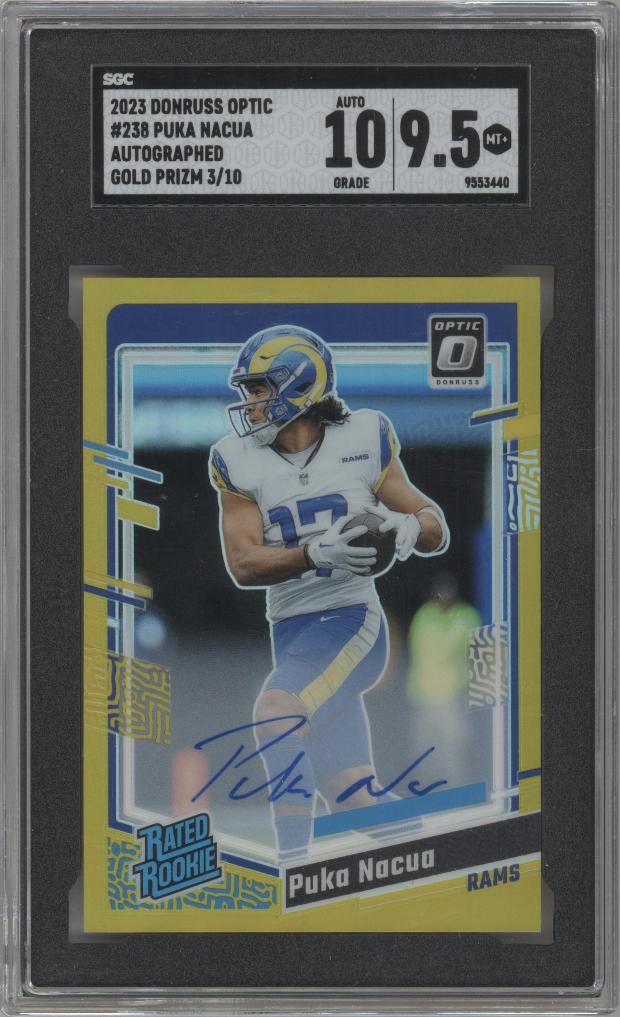 Puka Nacua from the 2023 Donruss Optic set featuring a Gold  parallel graded by SGC and given an overall grade of 9.5.