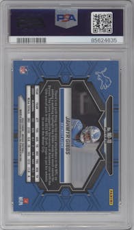 Jahmyr Gibbs from the 2023 Panini Mosaic set featuring a Mosaic parallel graded by PSA and given an overall grade of 10.