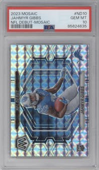 Jahmyr Gibbs from the 2023 Panini Mosaic set featuring a Mosaic parallel graded by PSA and given an overall grade of 10.
