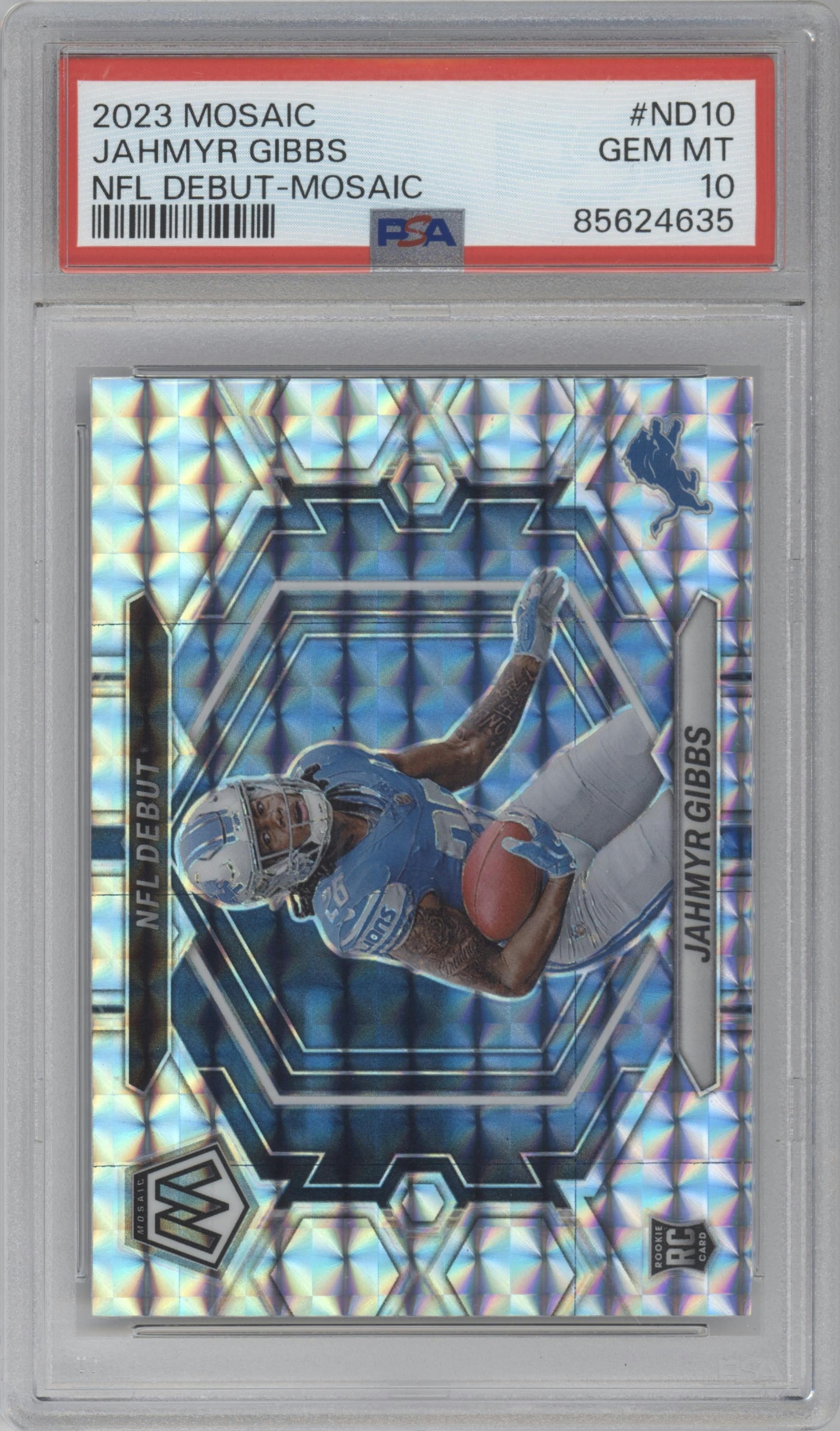 Jahmyr Gibbs from the 2023 Panini Mosaic set featuring a Mosaic parallel graded by PSA and given an overall grade of 10.