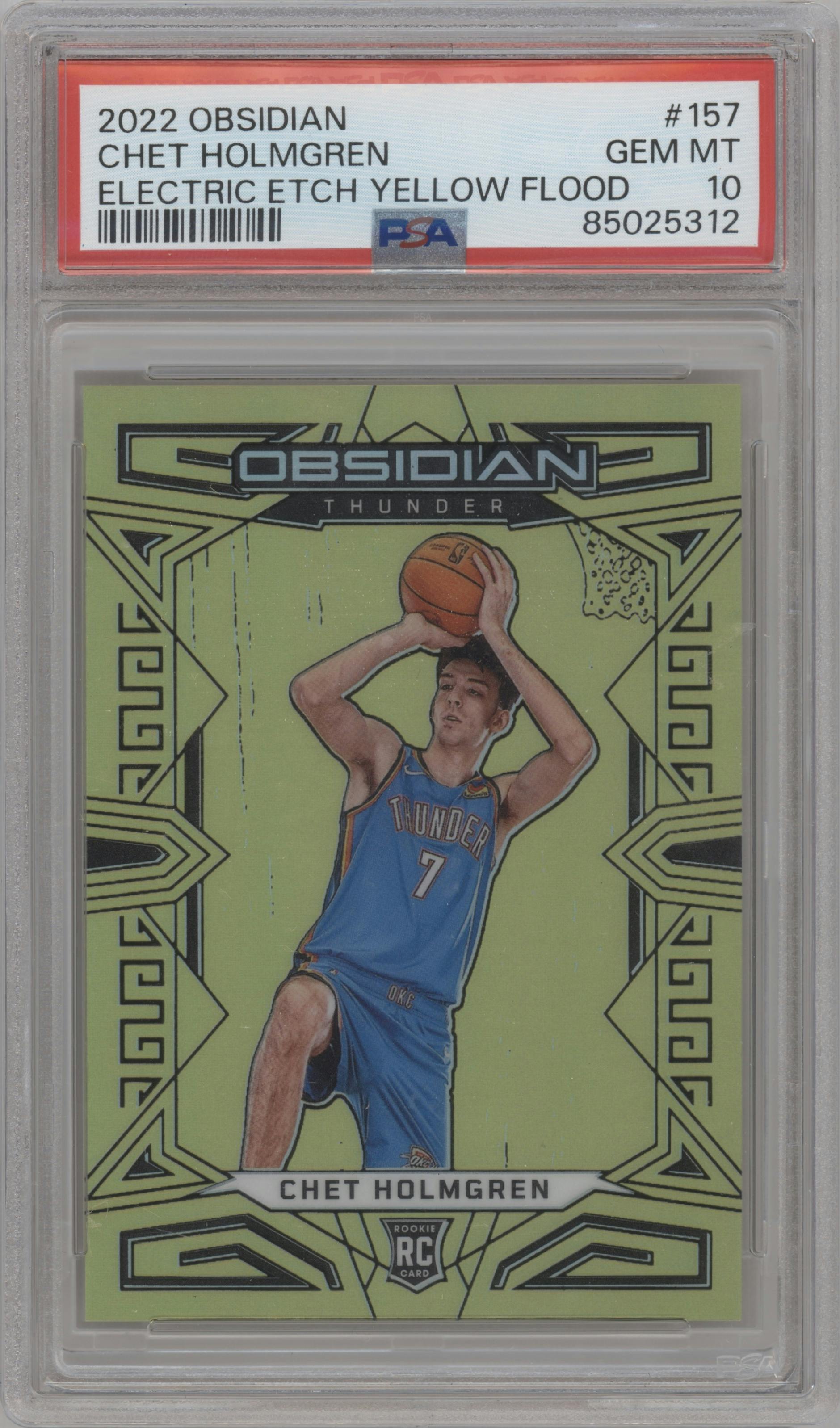 Chet Holmgren from the 2022-23 Panini Obsidian set featuring a Electric Etch Yellow Flood parallel graded by PSA and given an overall grade of 10.