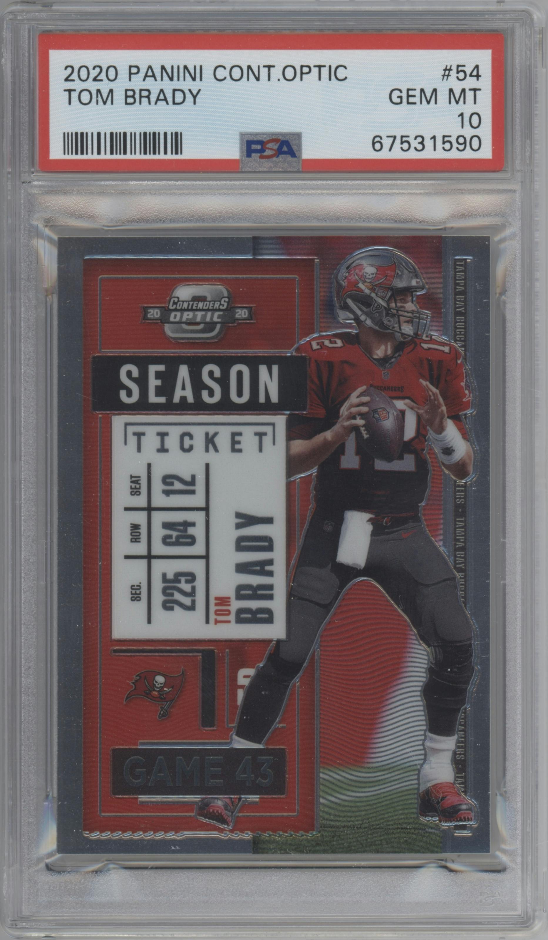 Tom Brady from the 2020 Panini Contenders Optic set graded by PSA and given an overall grade of 10.