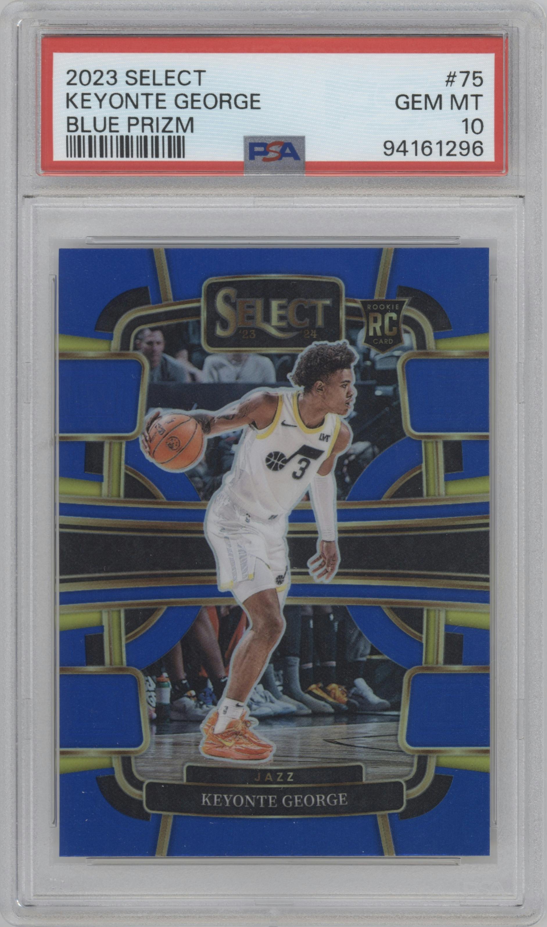 Keyonte George from the 2023-24 Panini Select  set featuring a Blue Prizm parallel graded by PSA and given an overall grade of 10.