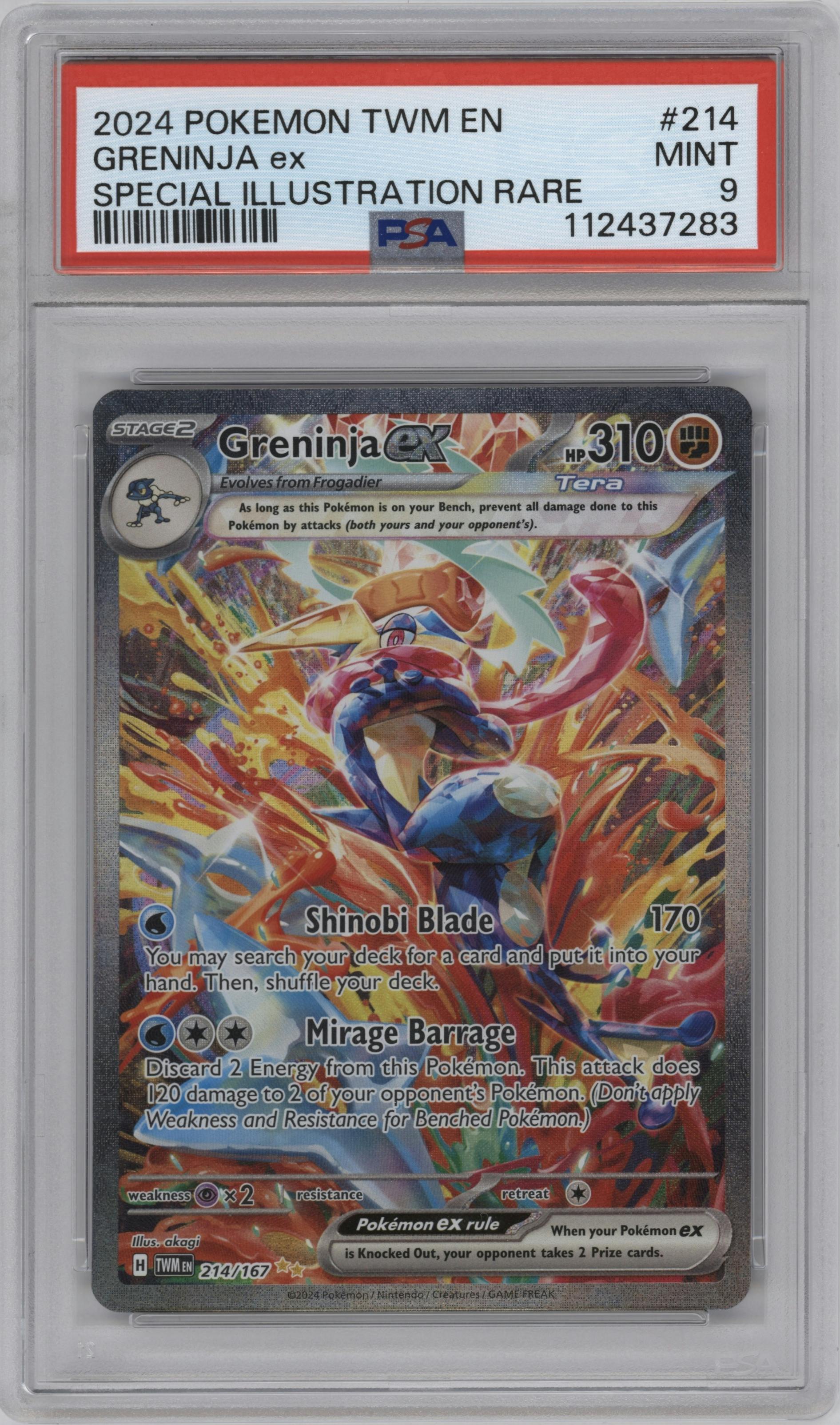 Greninja ex from the 2024 Pokemon SV set graded by PSA and given an overall grade of 9.