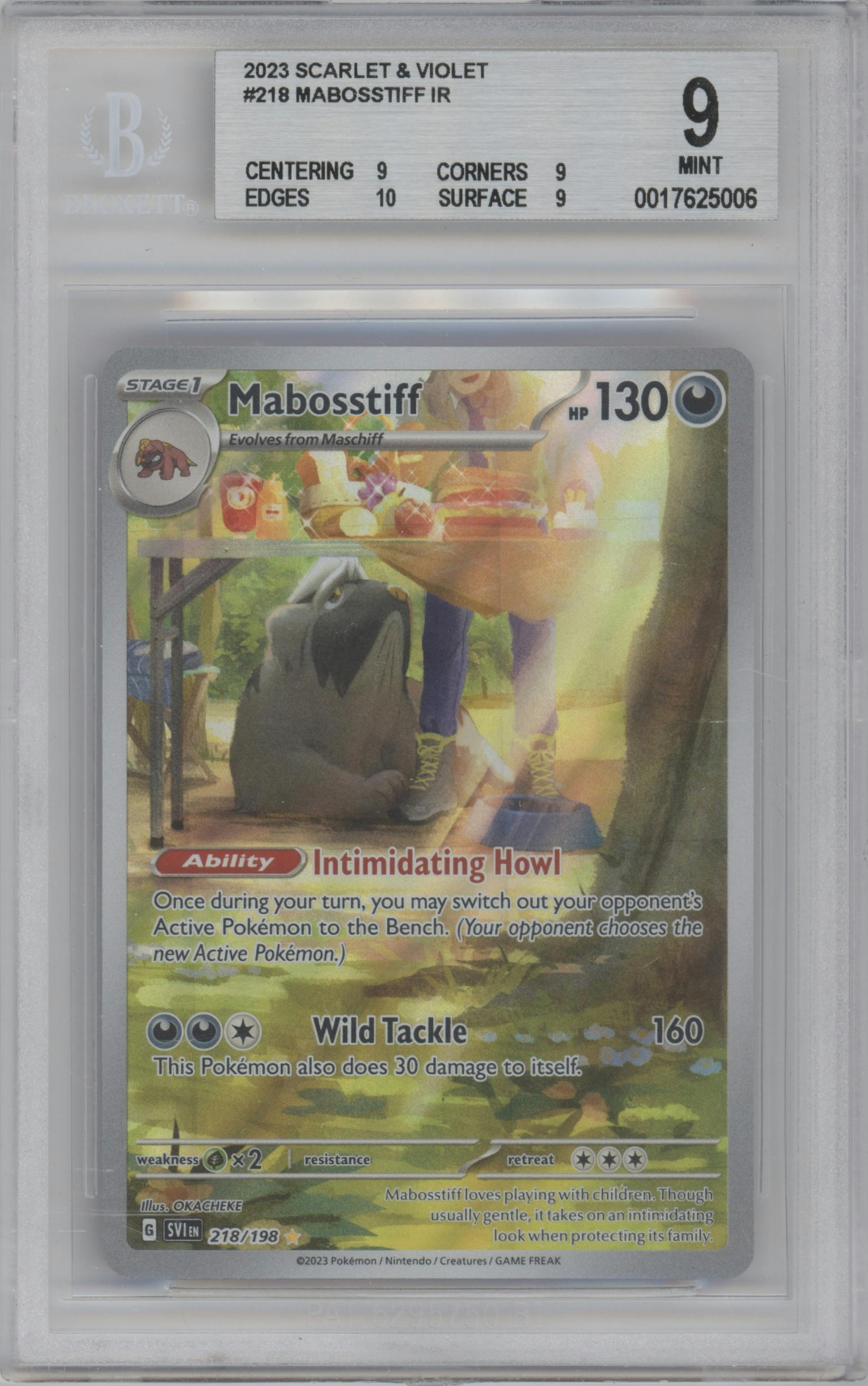 Mabosstiff from the 2023 Pokemon SV set graded by Beckett and given an overall grade of 9.
