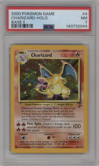Charizard from the 2000 Pokemon set graded by PSA and given an overall grade of 7.