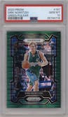 Dirk Nowitzki from the 2023-24 Panini Prizm set featuring a Green Pulsar parallel graded by PSA and given an overall grade of 10.