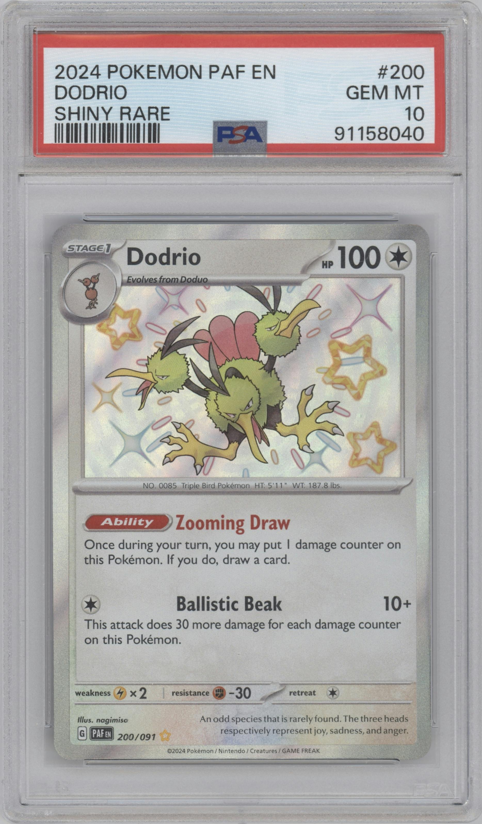 Dodrio from the 2024 Pokemon SV set graded by PSA and given an overall grade of 10.