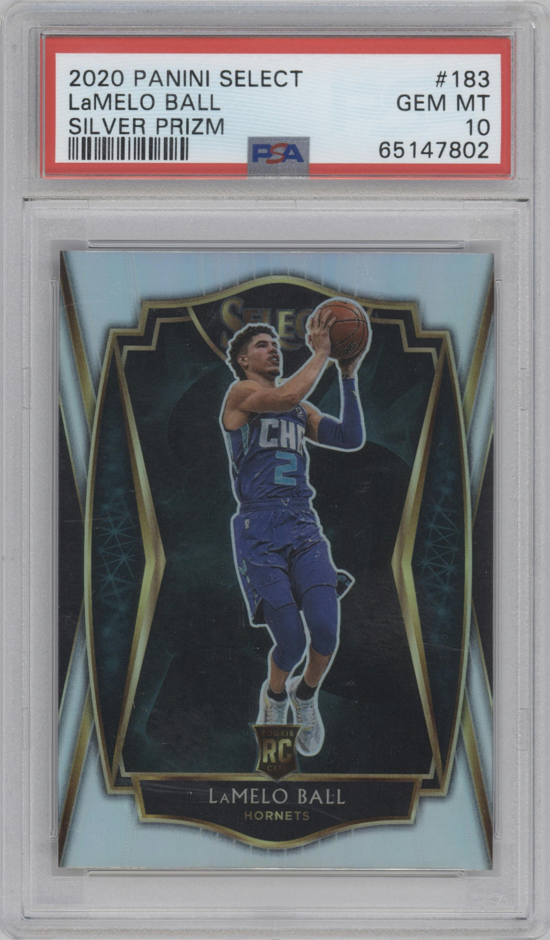 LaMelo Ball from the 2020-21 Panini Select  set featuring a Silver Prizm parallel graded by PSA and given an overall grade of 10.