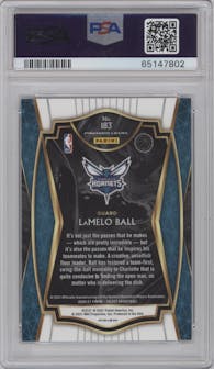 LaMelo Ball from the 2020-21 Panini Select  set featuring a Silver Prizm parallel graded by PSA and given an overall grade of 10.