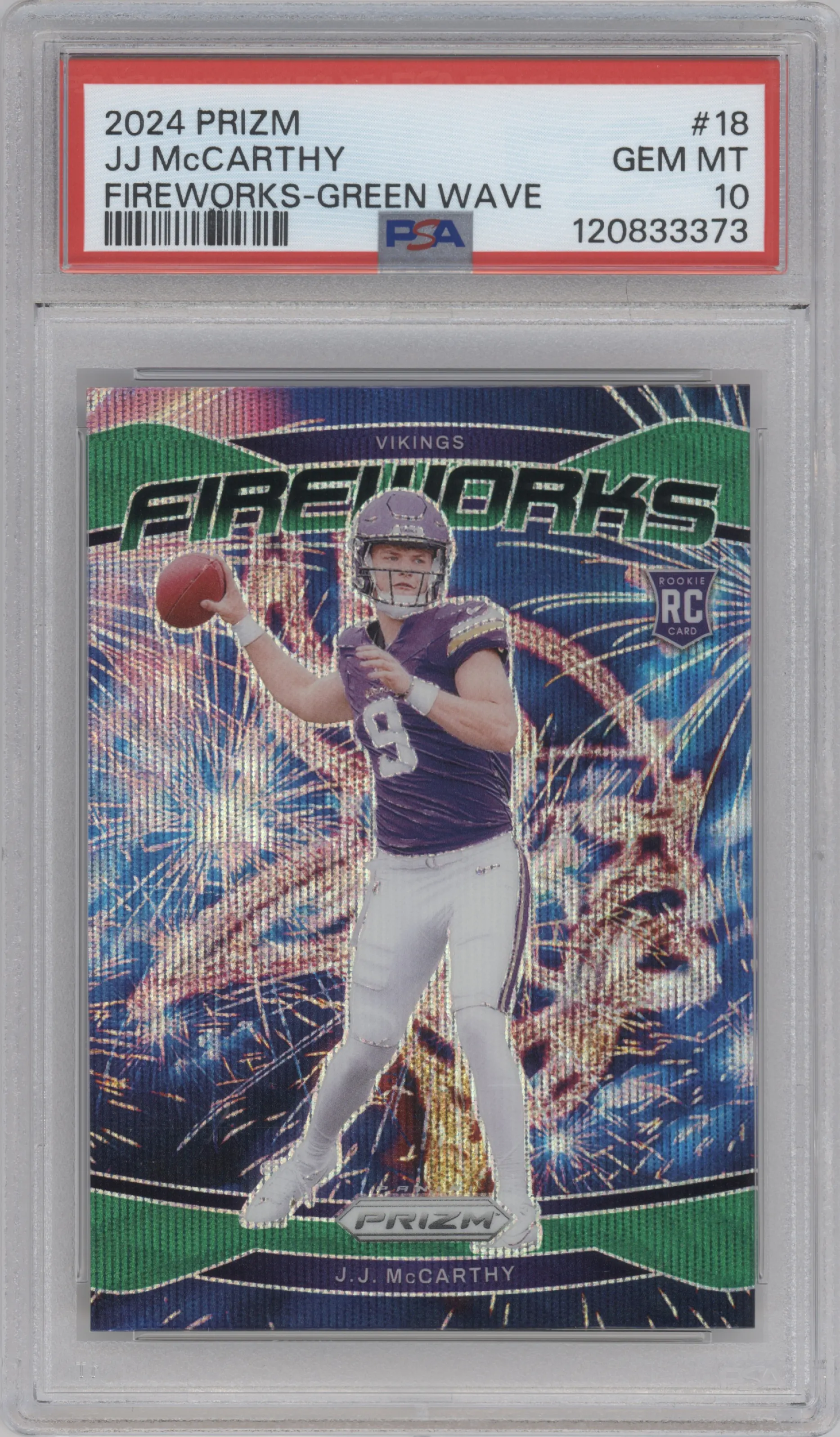2024 Panini Prizm Fireworks J.J. McCarthy Green Wave #18 PSA 10