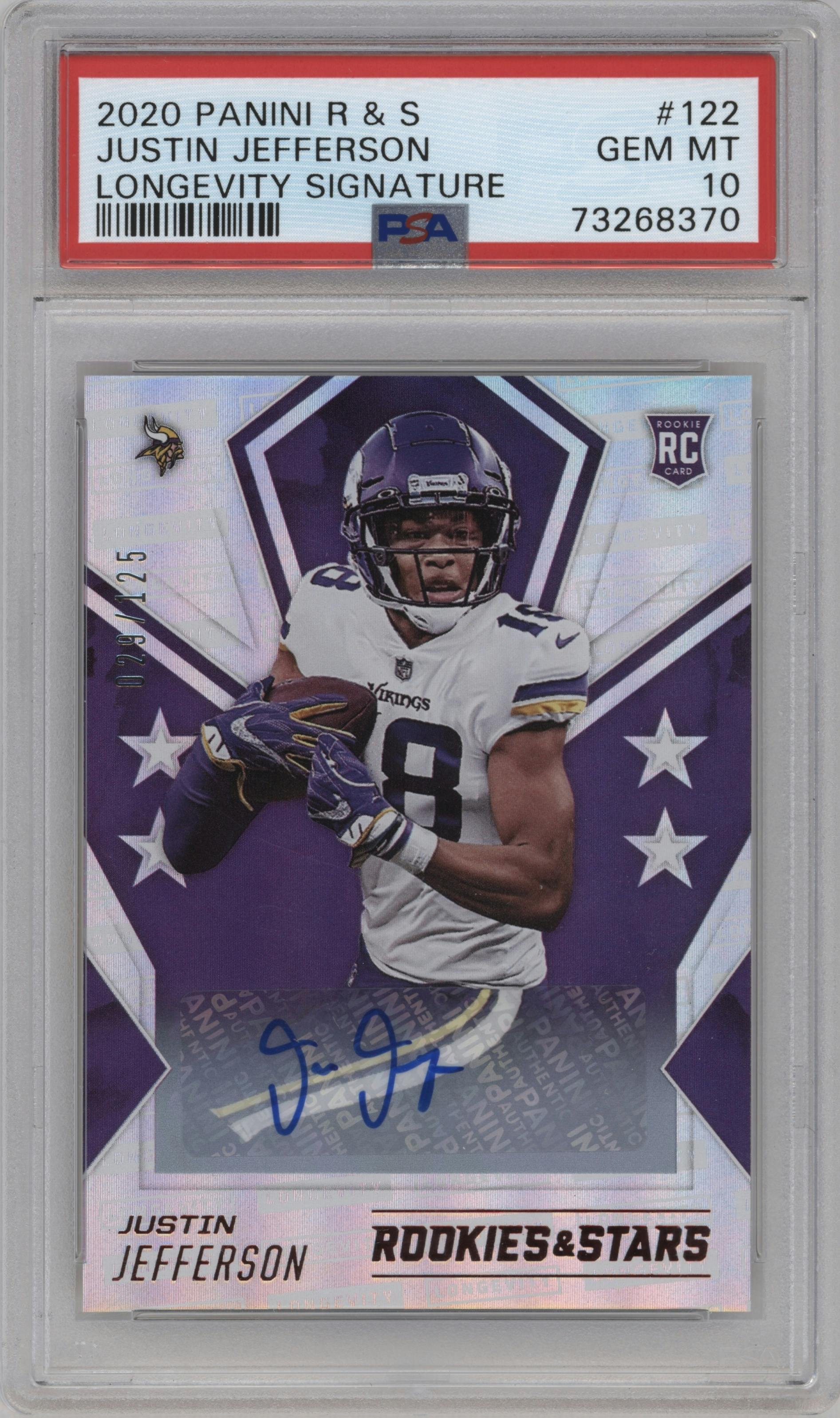 Justin Jefferson from the 2020 Panini Rookies & Stars set graded by PSA and given an overall grade of 10.
