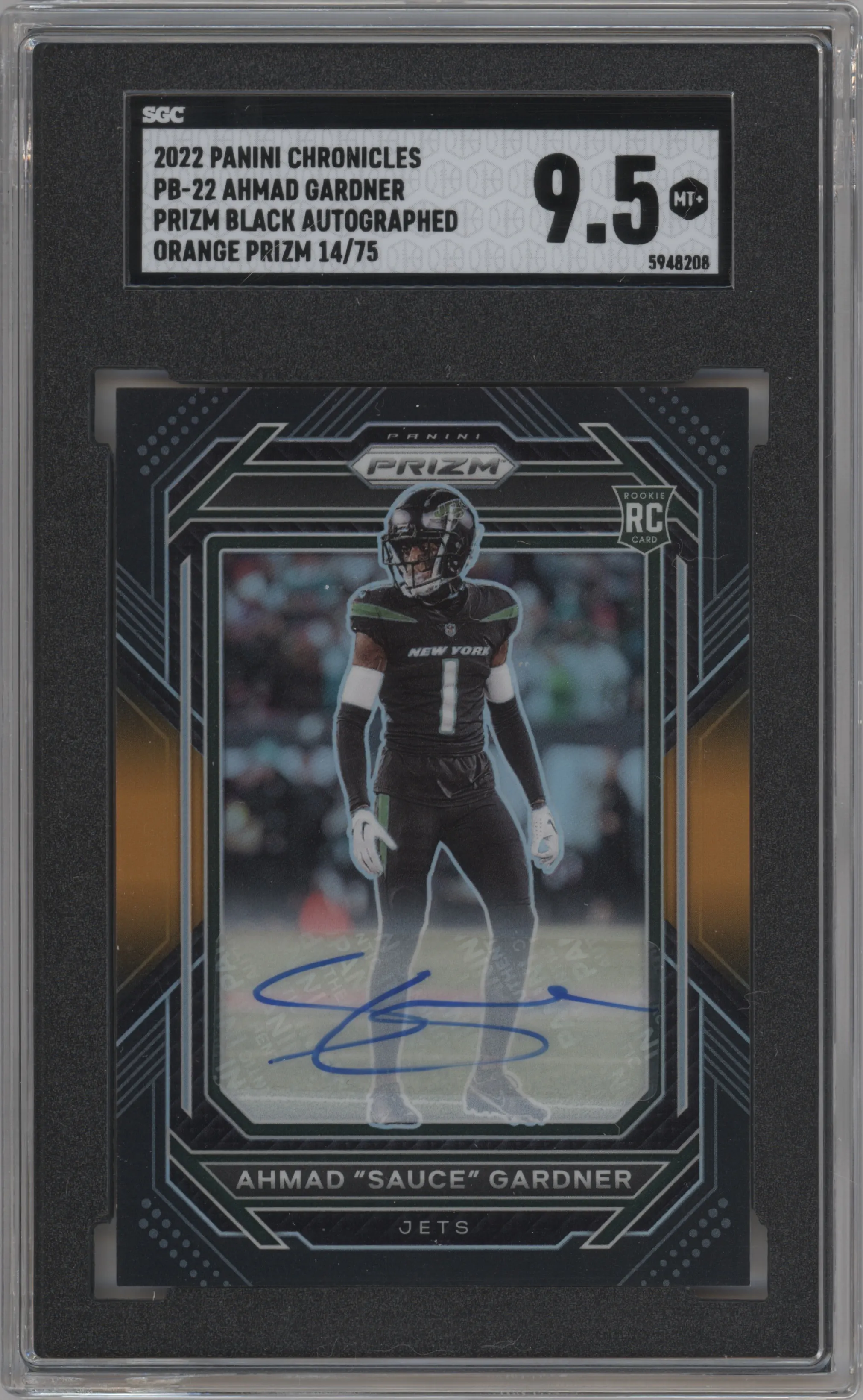 2022 Panini Chronicles Prizm Black Sig. Ahmad "Sauce" Gardner Orange #PB-22 SGC 9.5