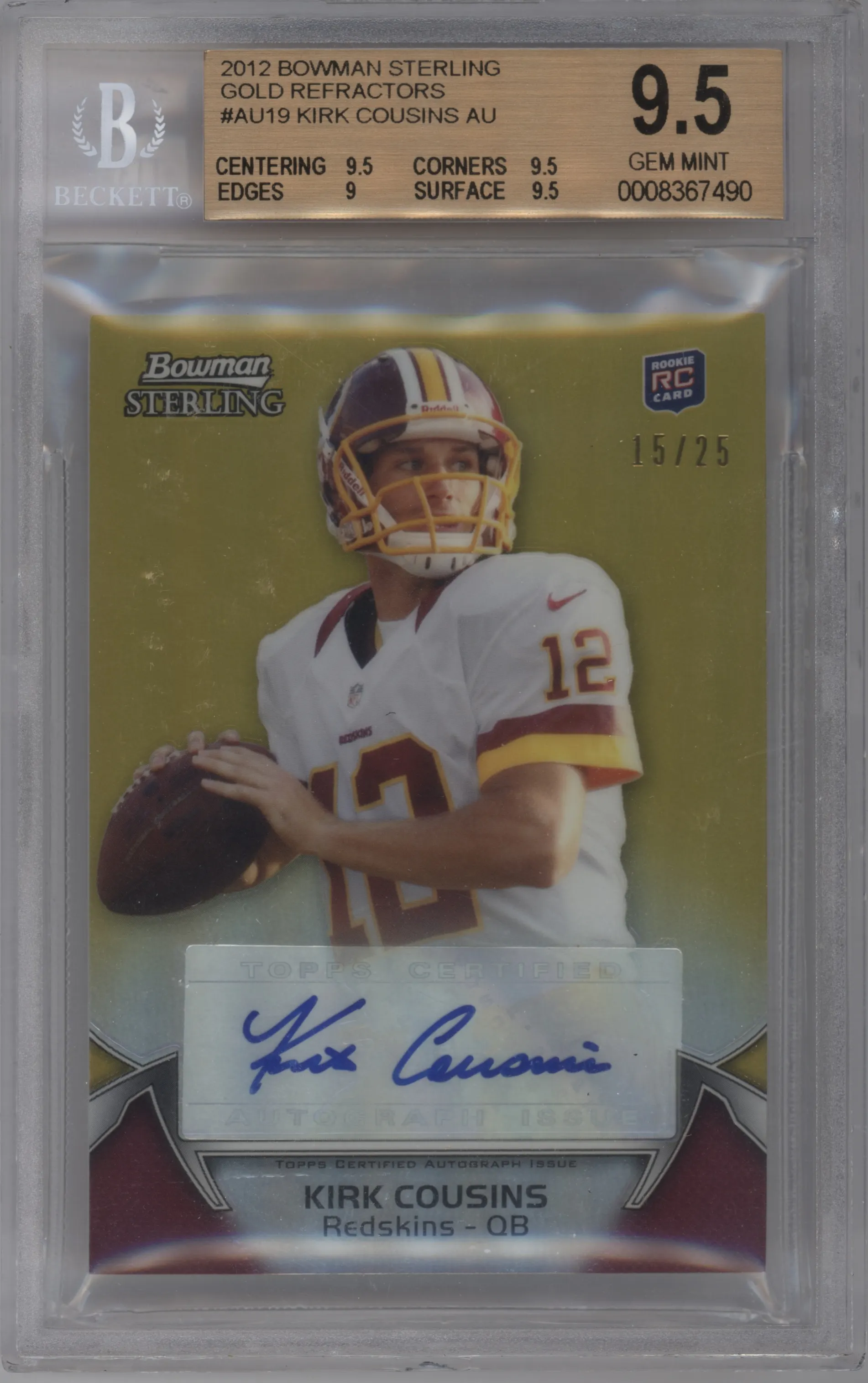 Kirk Cousins from the 2012 Bowman Sterling set featuring a Gold Refractor parallel graded by Beckett and given an overall grade of 9.5.