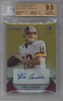 Kirk Cousins from the 2012 Bowman Sterling set featuring a Gold Refractor parallel graded by Beckett and given an overall grade of 9.5.