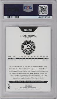 Trae Young from the 2018-19 Panini NBA Hoops  set featuring a Purple Winter parallel graded by PSA and given an overall grade of 10.