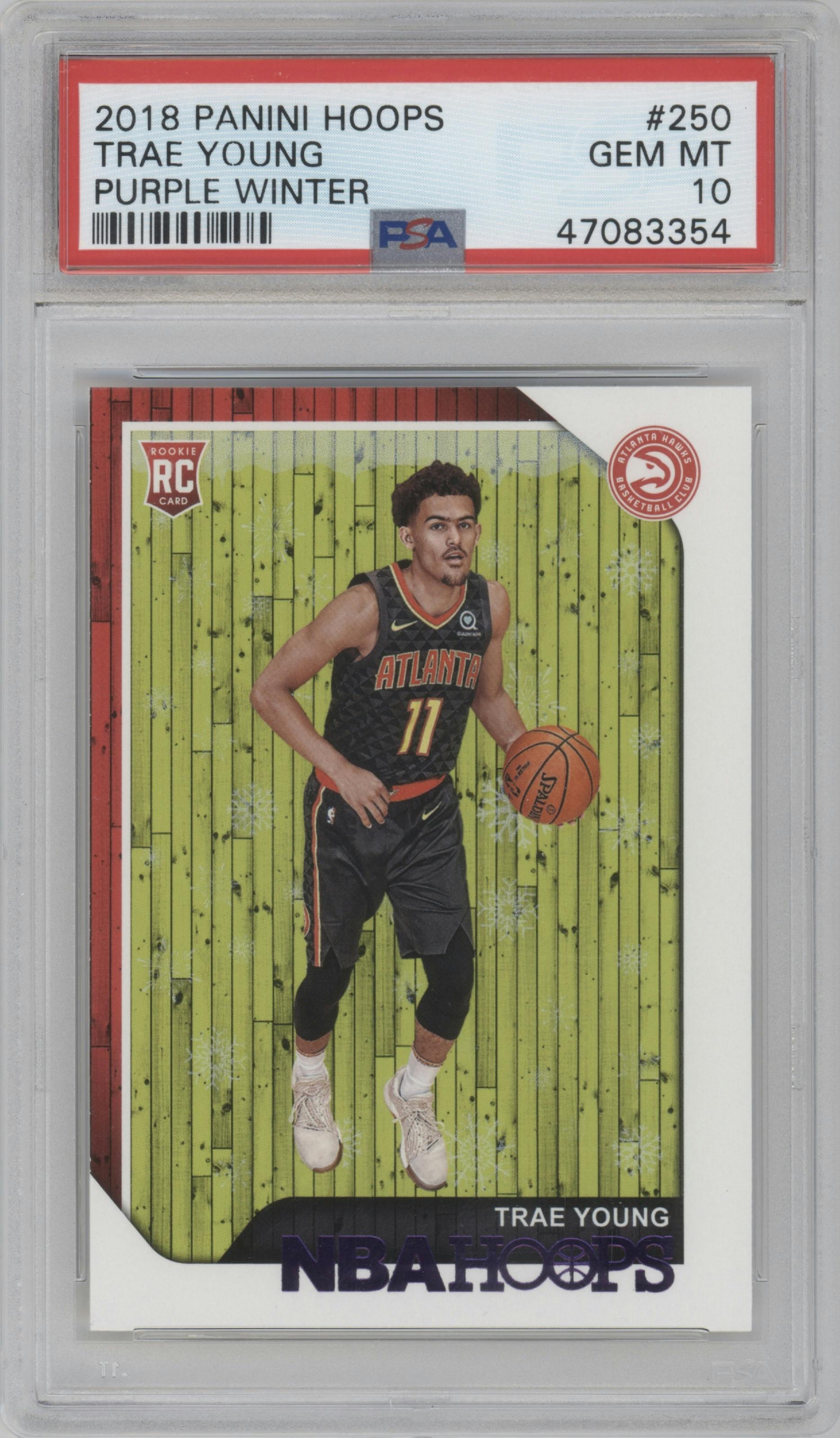 Trae Young from the 2018-19 Panini NBA Hoops  set featuring a Purple Winter parallel graded by PSA and given an overall grade of 10.