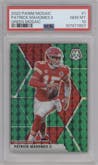 Patrick Mahomes II from the 2020 Panini Mosaic set featuring a Green Mosaic parallel graded by PSA and given an overall grade of 10.