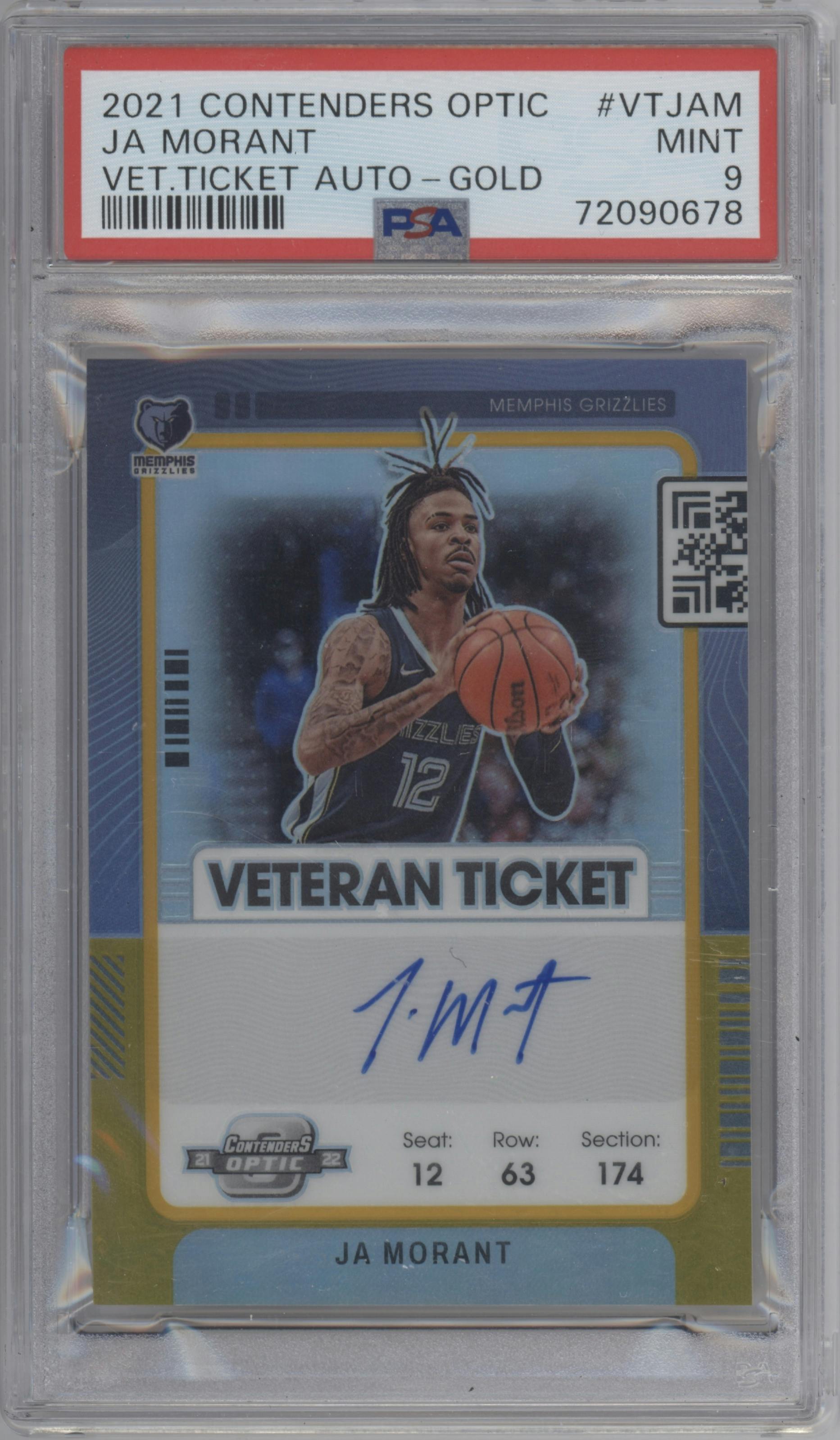 Ja Morant from the 2021-22 Panini Contenders Optic set featuring a Gold parallel graded by PSA and given an overall grade of 9.