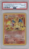 Charizard from the 2021 Pokemon SWSH set featuring a Base Set parallel graded by PSA and given an overall grade of 10.