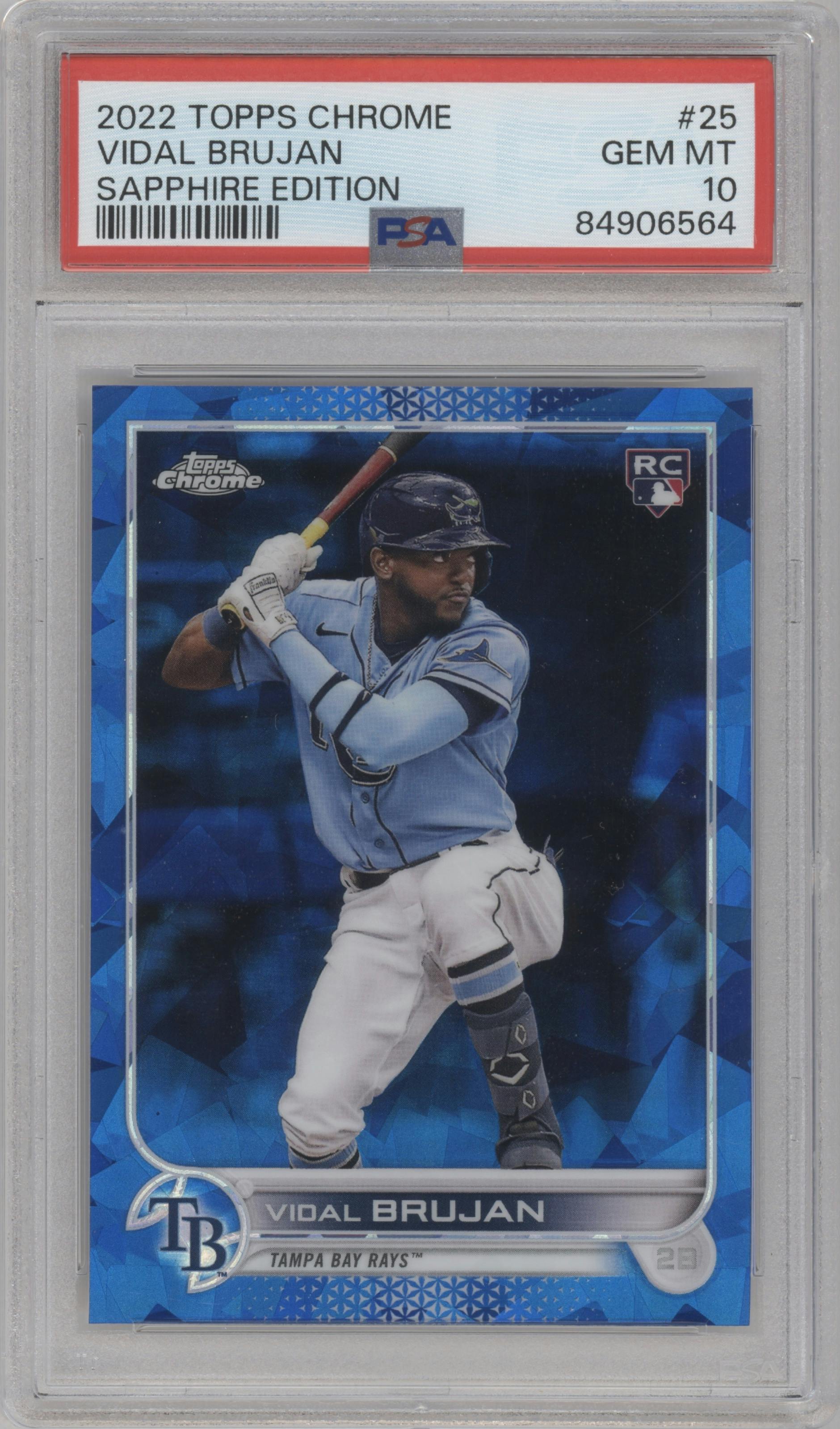 Vidal Brujan from the 2022 Topps Chrome Sapphire Edition  set graded by PSA and given an overall grade of 10.