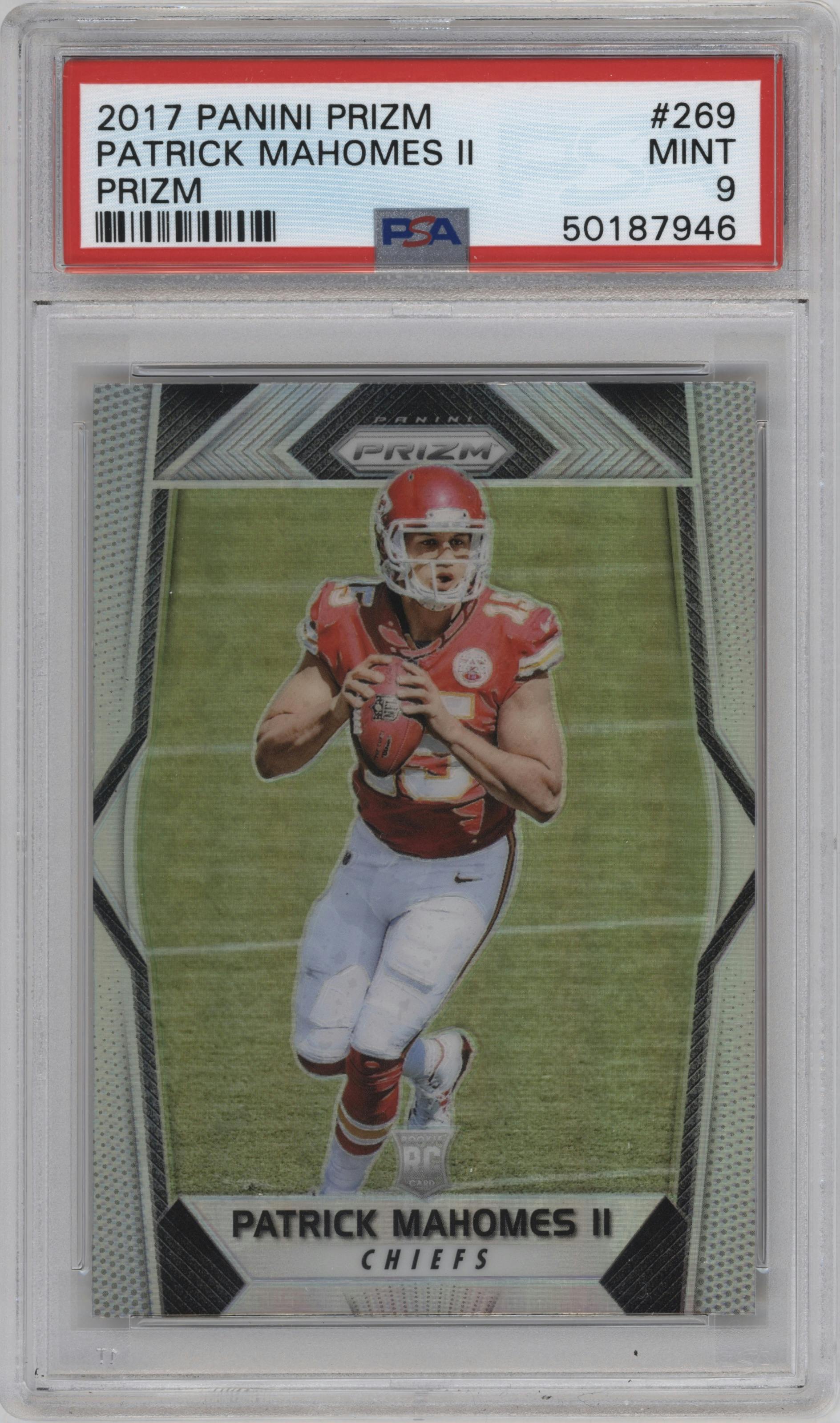 Patrick Mahomes II from the 2017 Panini Prizm set featuring a Prizm parallel graded by PSA and given an overall grade of 9.