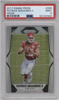 Patrick Mahomes II from the 2017 Panini Prizm set featuring a Prizm parallel graded by PSA and given an overall grade of 9.