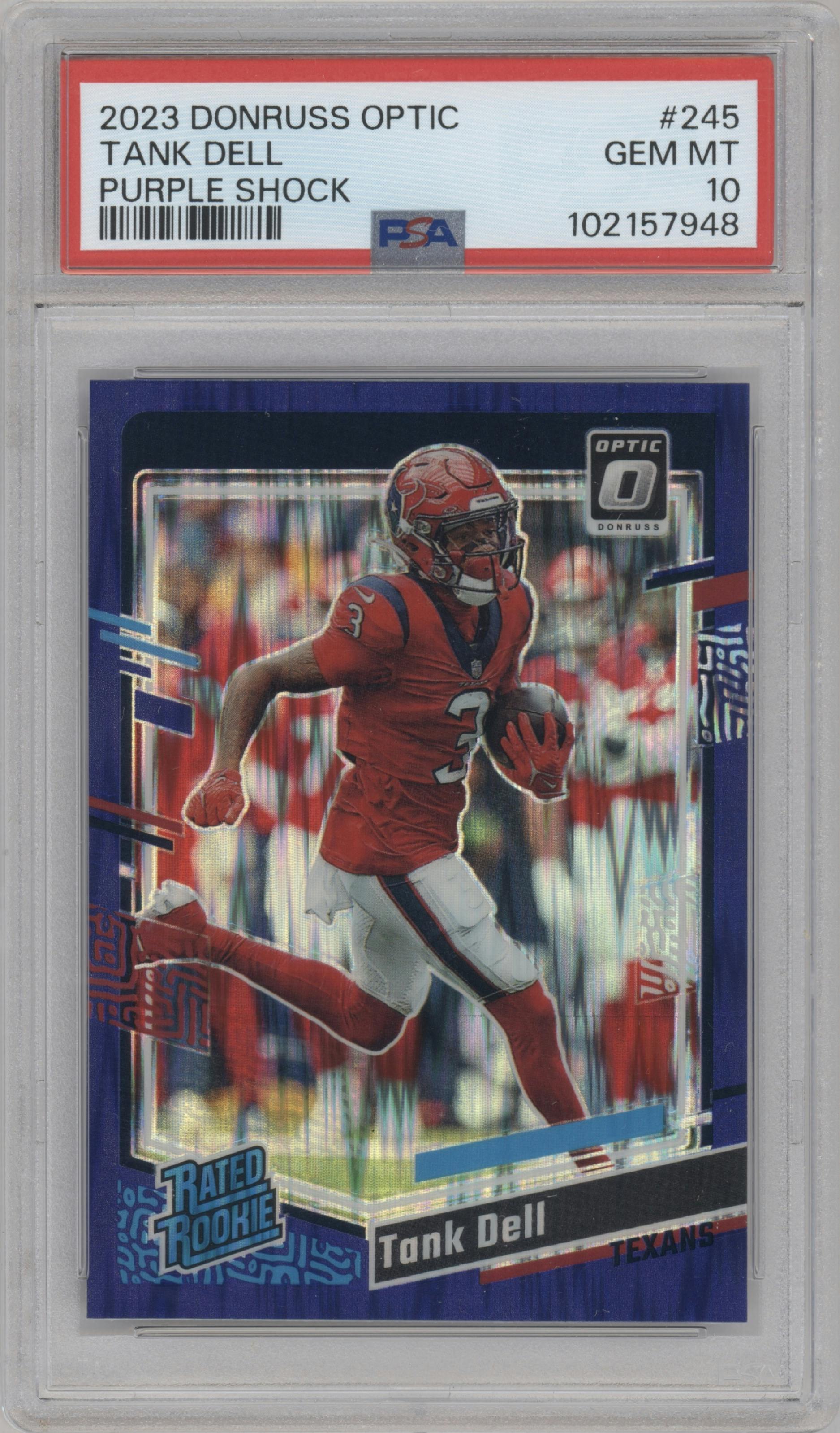 Tank Dell from the 2023 Donruss Optic set featuring a  Purple Shock parallel graded by PSA and given an overall grade of 10.