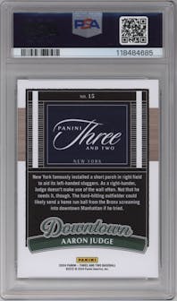 Aaron Judge from the 2024 Panini Three and Two set graded by PSA and given an overall grade of 10.