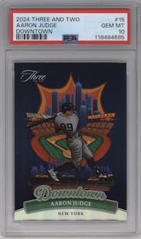 Aaron Judge from the 2024 Panini Three and Two set graded by PSA and given an overall grade of 10.