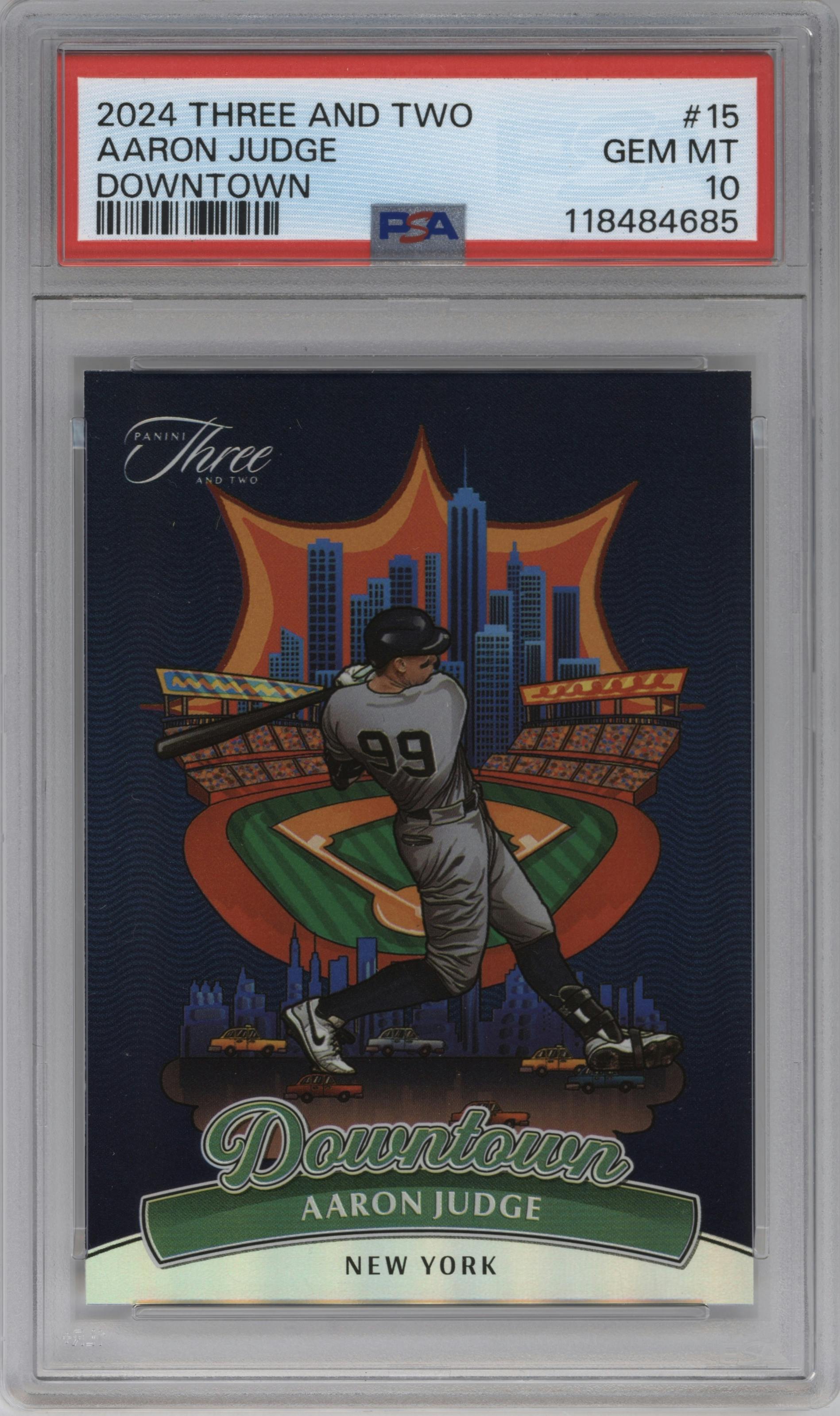 Aaron Judge from the 2024 Panini Three and Two set graded by PSA and given an overall grade of 10.