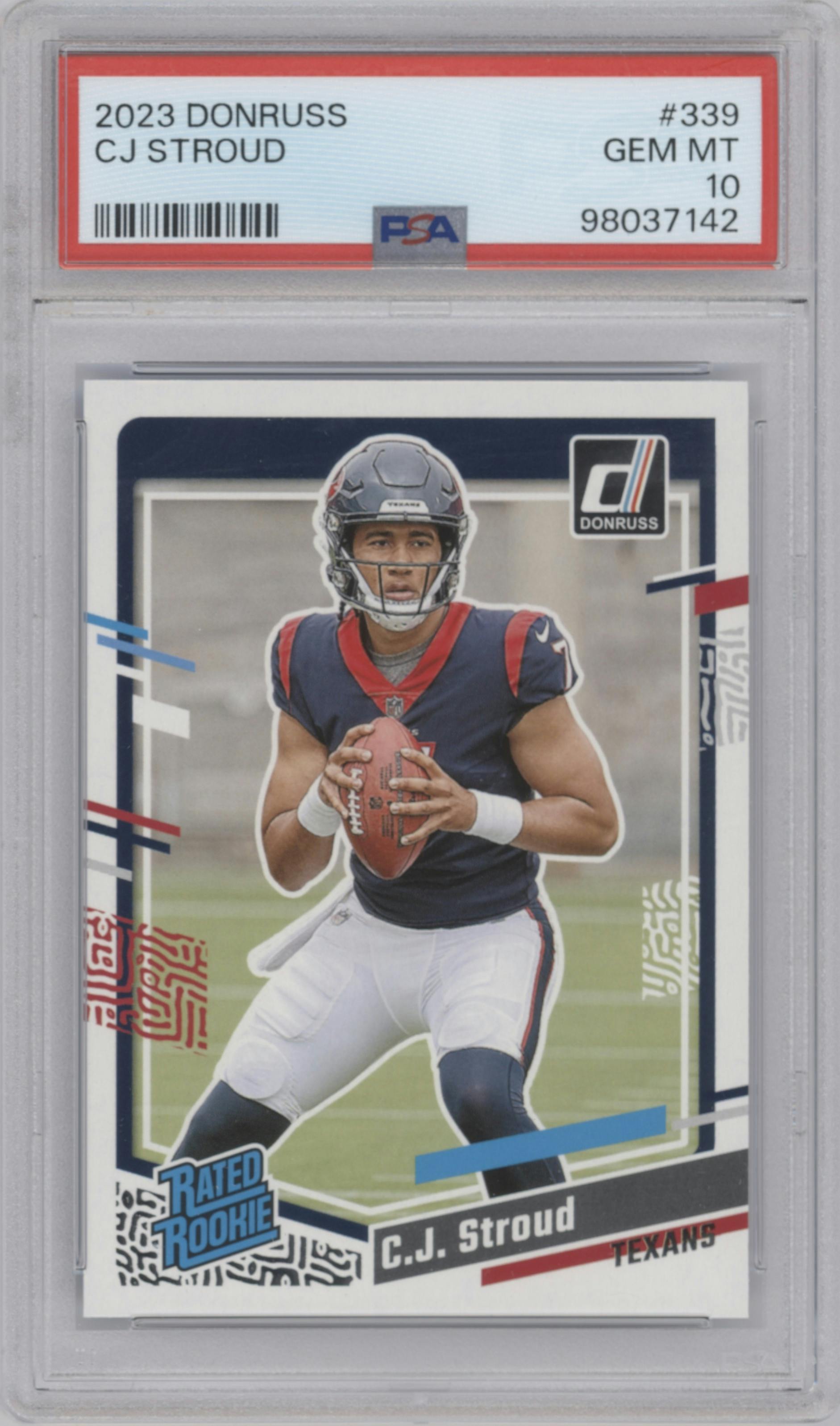 C.J. Stroud from the 2023 Panini Donruss set graded by PSA and given an overall grade of 10.