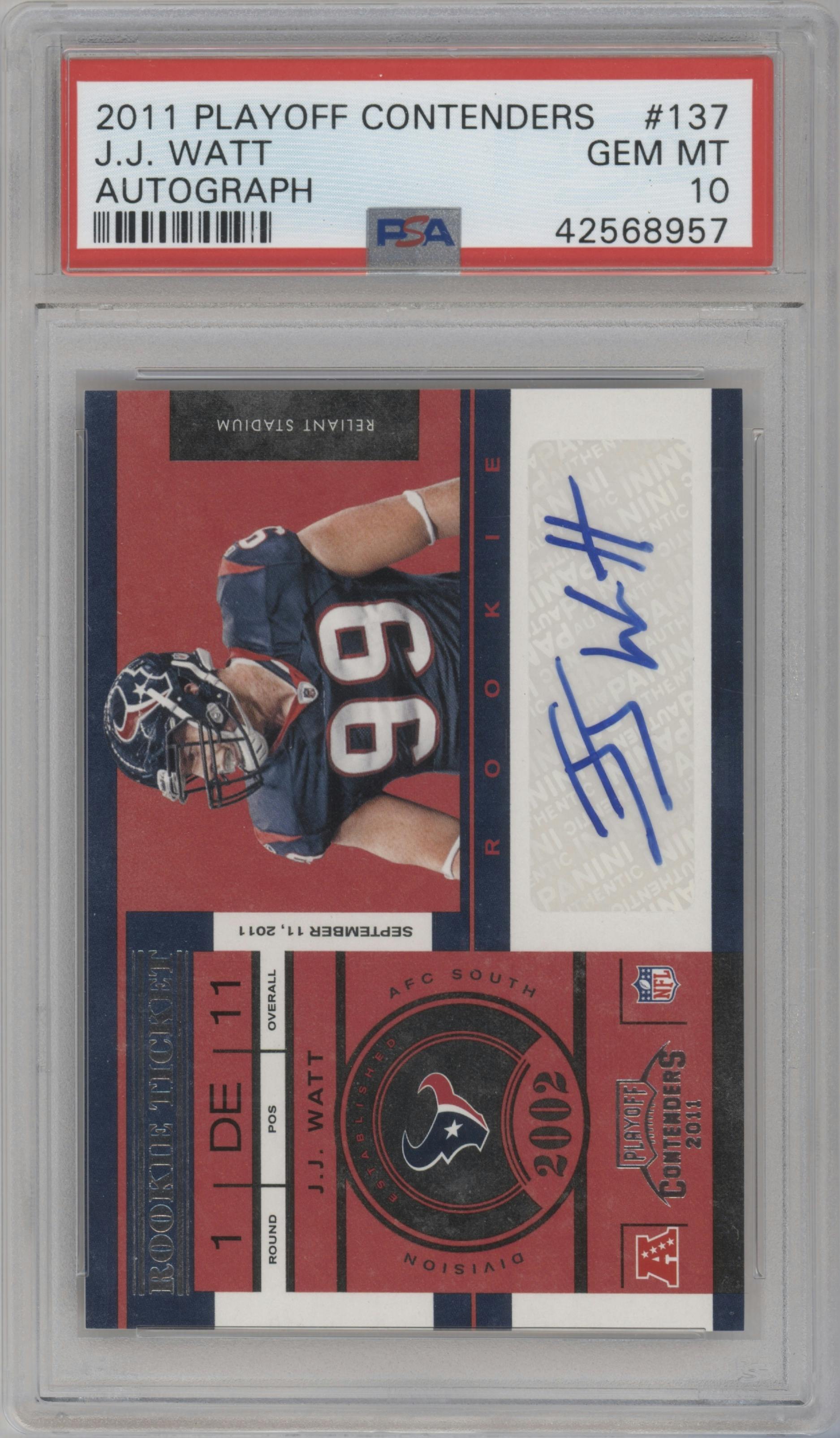 J.J. Watt from the 2011 Playoff Contenders set graded by PSA and given an overall grade of 10.