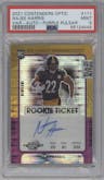 Najee Harris from the 2021 Panini Contenders Optic set featuring a Purple Pulsar parallel graded by PSA and given an overall grade of 9.