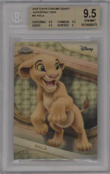 Nala from the 2025 Topps Chrome Disney set featuring a Superfractor parallel graded by Beckett and given an overall grade of 9.5.