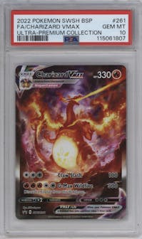Charizard VMAX  from the 2022 Pokemon SWSH set featuring a Ultra Premium Collection parallel graded by PSA and given an overall grade of 10.