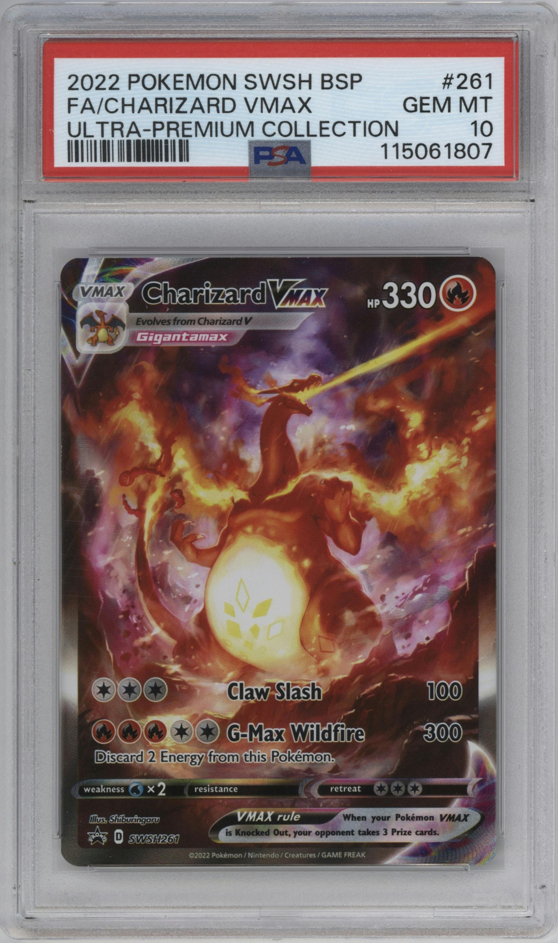 Charizard VMAX  from the 2022 Pokemon SWSH set featuring a Ultra Premium Collection parallel graded by PSA and given an overall grade of 10.