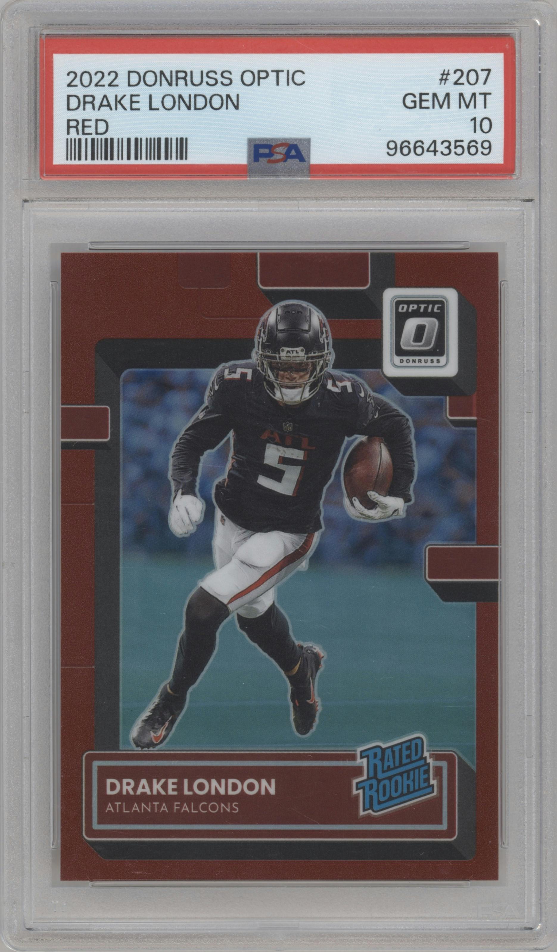 Drake London from the 2022 Panini Donruss Optic set featuring a Red parallel graded by PSA and given an overall grade of 10.