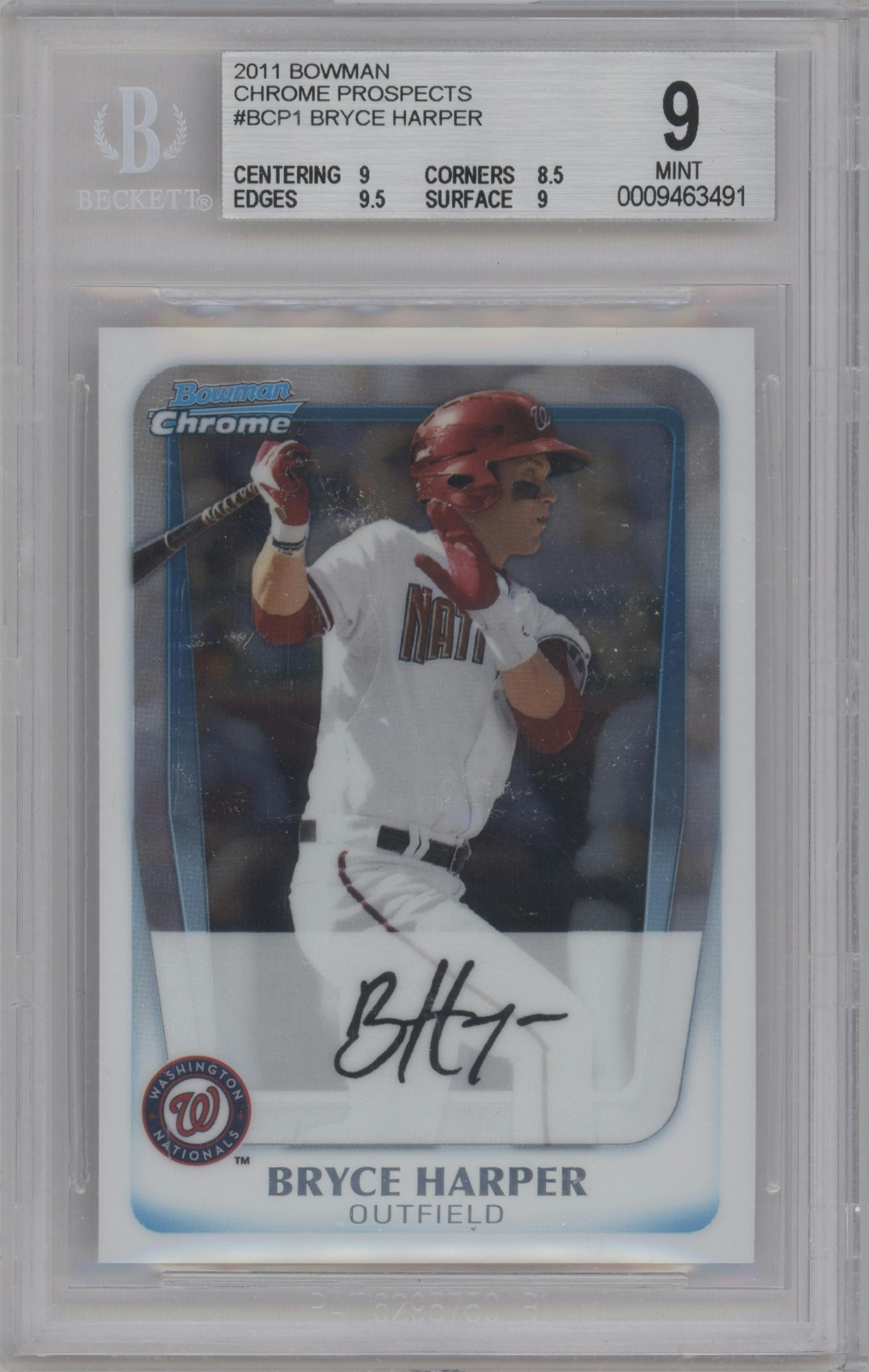 Bryce Harper from the 2011 Bowman set graded by Beckett and given an overall grade of 9.